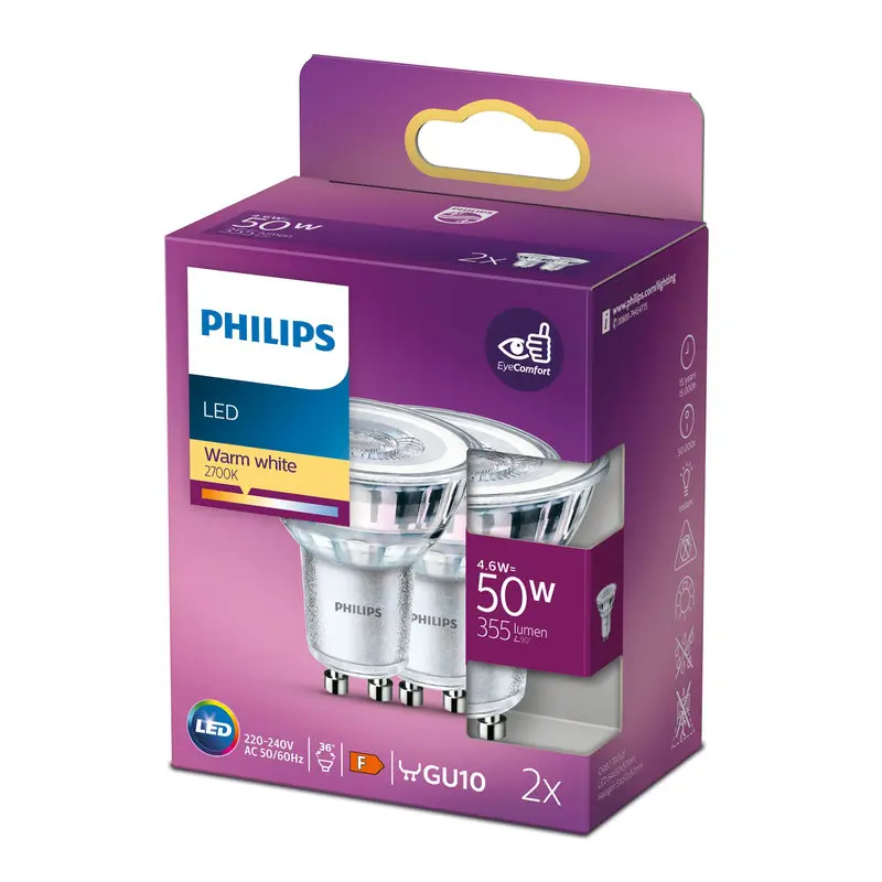 Philips LED 4,6W (50W) GU10 2700K 355lm 2-pak