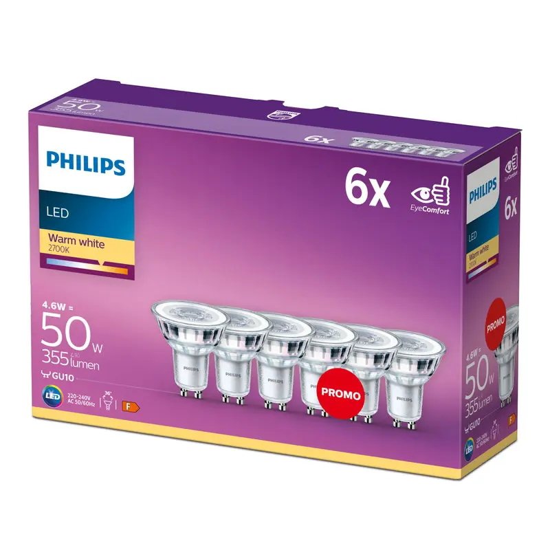 Philips LED 4,6W (50W) GU10 2700K 355lm 6-pak