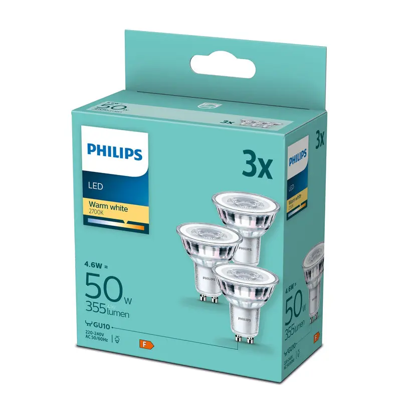 Philips LED 4,6W (50W) GU10 2700K 355lm 3-pak