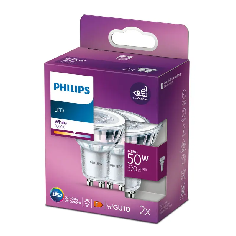 Philips LED 4,6W (50W) GU10 3000K 370lm 2-pak