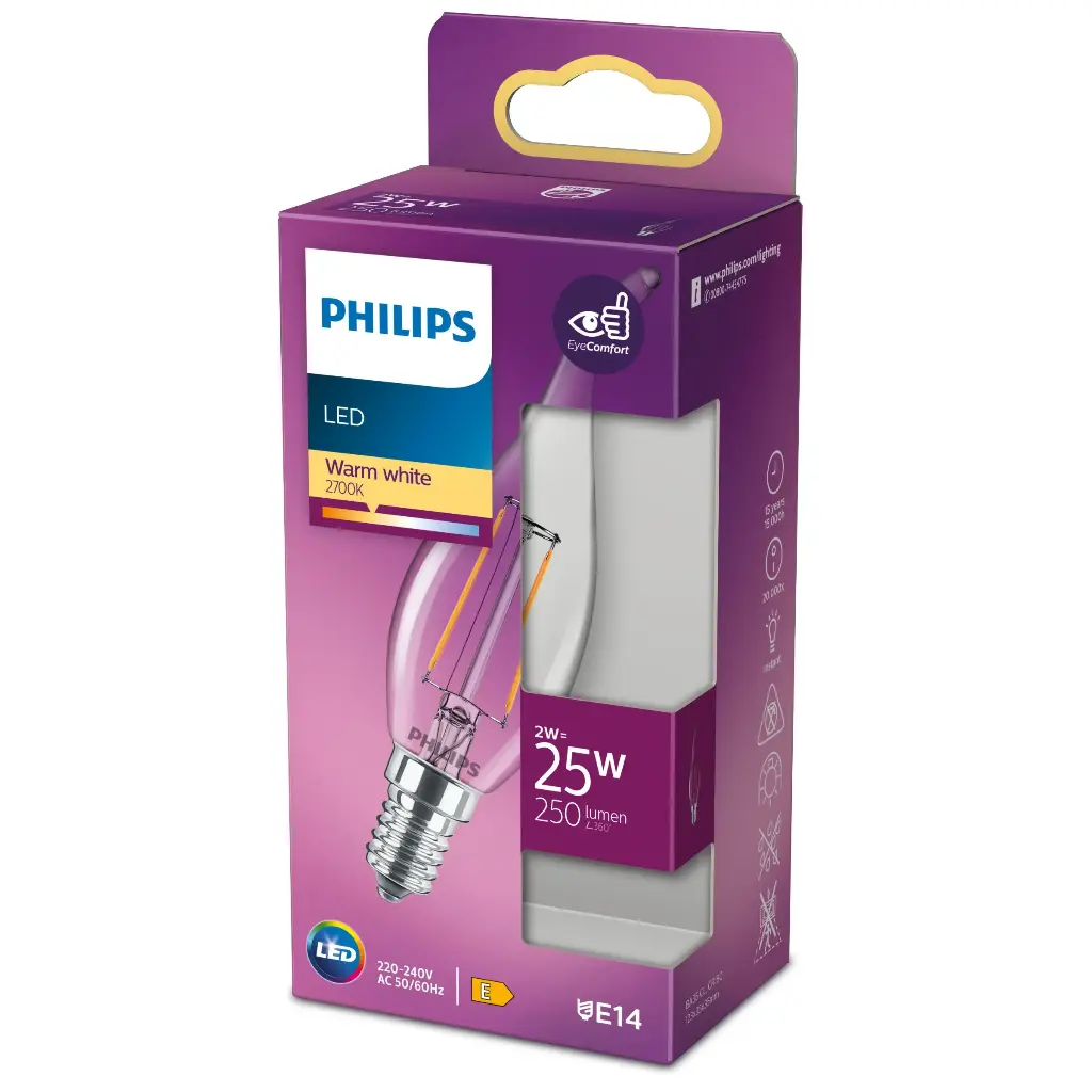 PHILIPS LED 2W (20W) E14 2700K 250lm Kerte vindstød