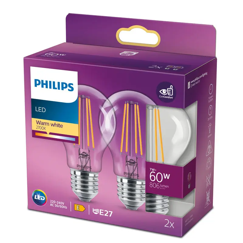 Philips LED 7W (60W) E27 2700K 806lm 2-pak