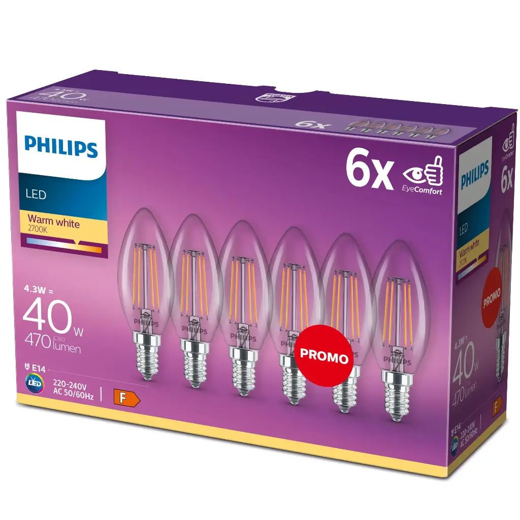 PHILIPS LED 4,3W (40W) E14 2700K 470lm 6-pak