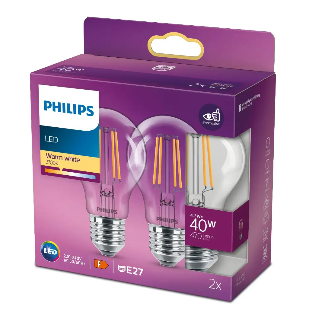 Philips LED 4,3W (40W) E27 2700K 470lm 2-pak