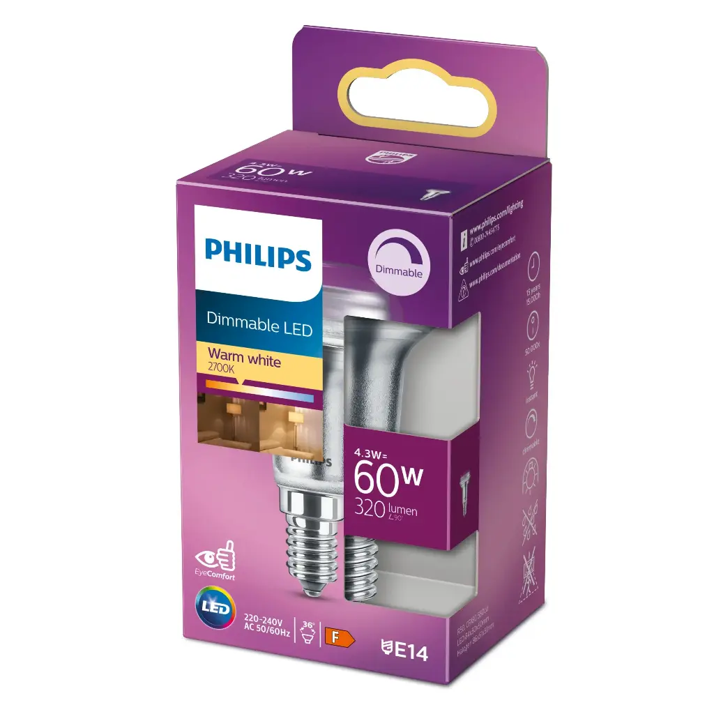PHILIPS LED DIM 4,3W (60W) E14 2700K 320lm 36°