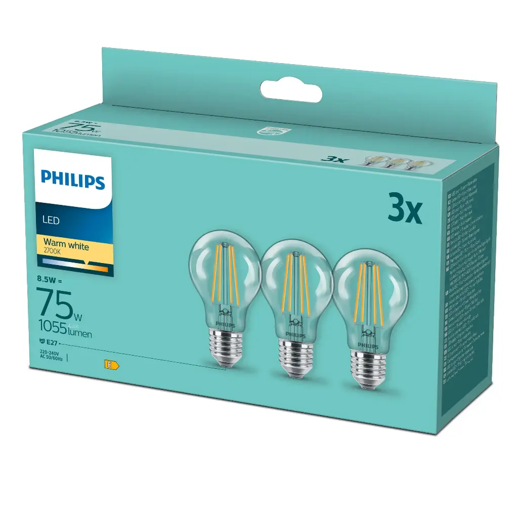 Philips LED 8,5W (75W) E27 2700K 1055lm 3-pak