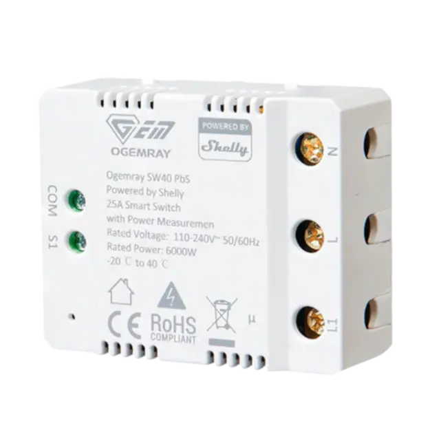 Ogemray Smart relay 25A - 1 faset smart relæ med effektmåling - Powered By Shelly