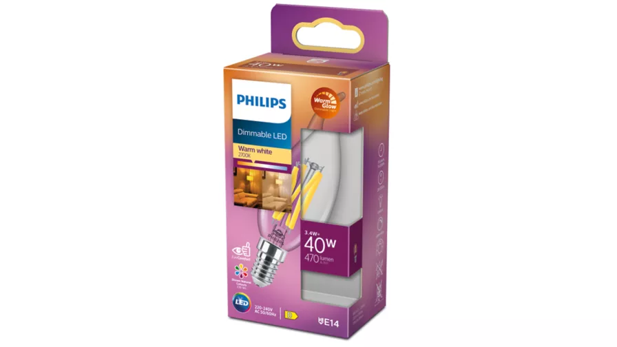 PHILIPS LED DIM 3,4W (40W) E14 2200-2700K 470lm Kerte Vindstød