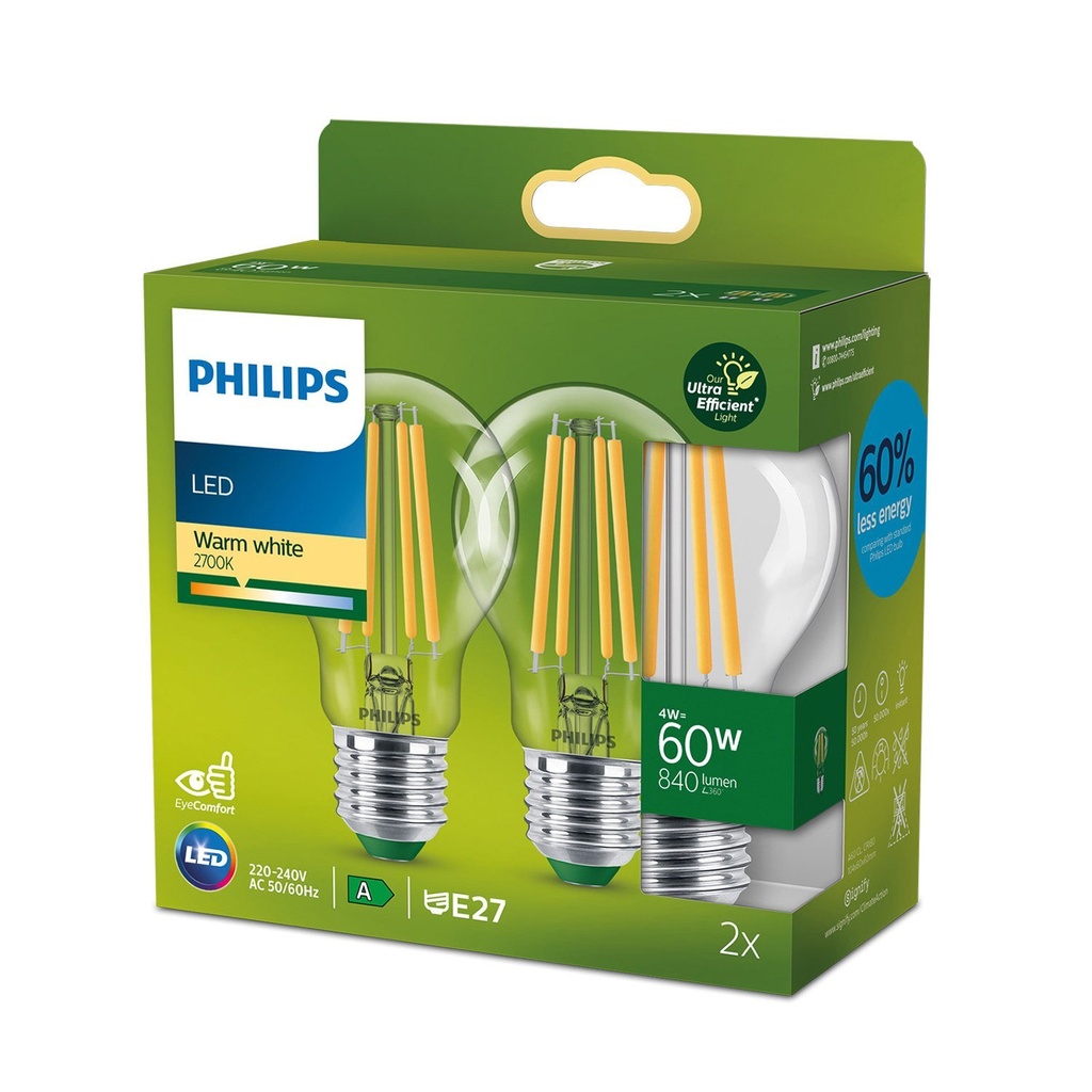 Philips LED 4W (60W) E27 2700K 840lm 2-pak