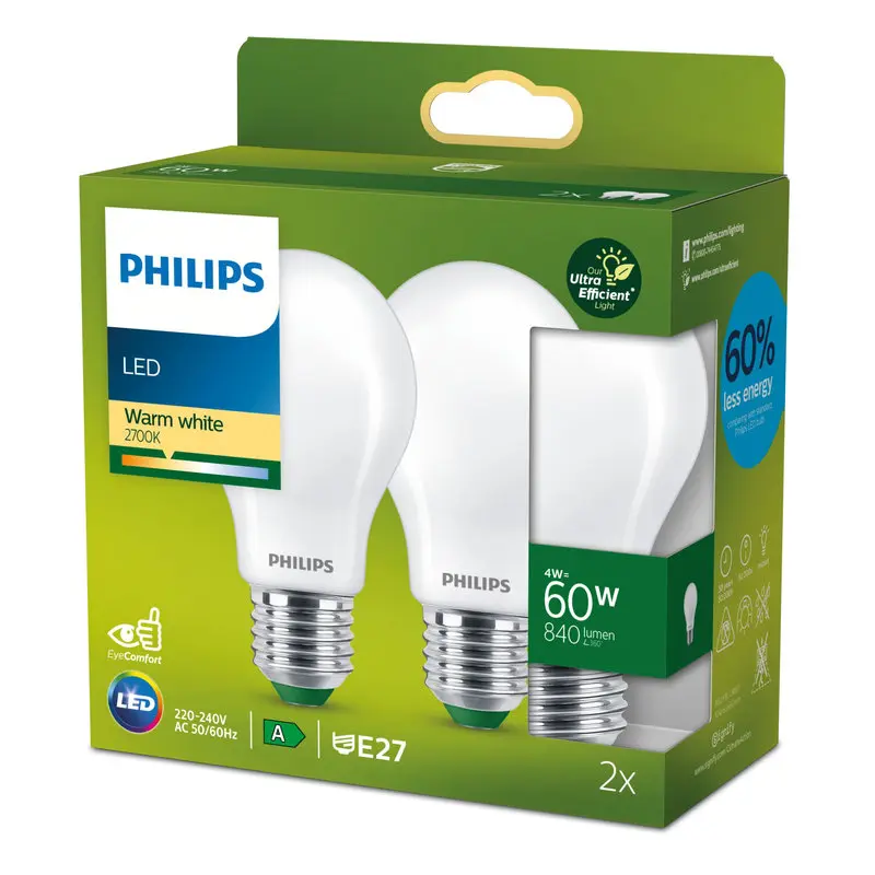 Philips LED 5W (60W) E27 2700K 840lm Mat 2-pak