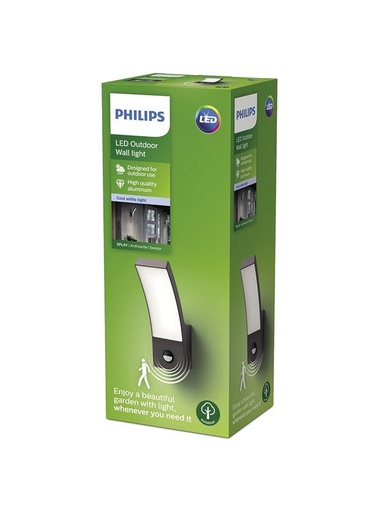 [SIG929003188801] PHILIPS Splay væglampe 12W LED 4000K IP44 IR sensor Antracit