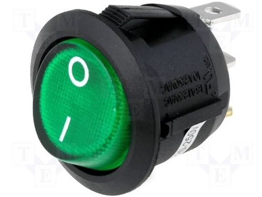 [H64645] Vippekontakt - 1P OFF-ON, 10A 250V, Grøn lys, IP65 (Ø20,2mm)