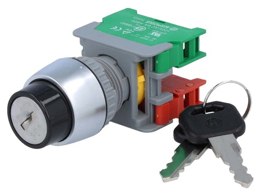 [H62139] Nøglekontakt - 230V / 3A, NC + NO, Ø22mm, Grå (IP65)