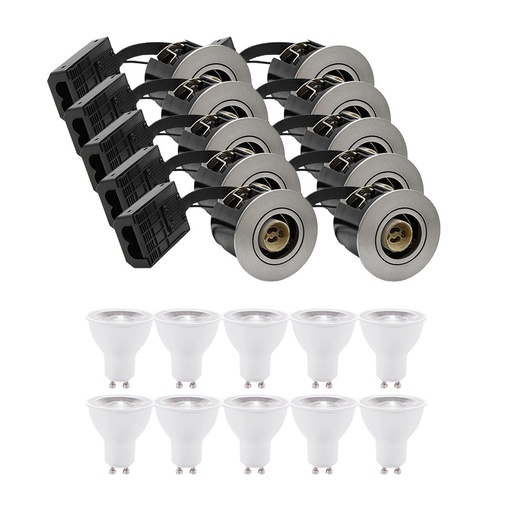 [12233-13338] 10 stk. Inno88 indbygningspotter inkl. 6W RA97 GU10, børstet alu, IP44, godkendt i isolering - 230V input
