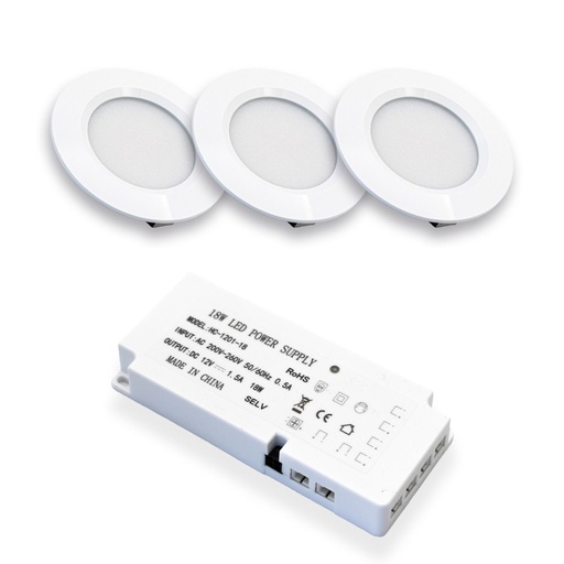 [20083-15284] LEDlife Reco68 Møbelspot Mat Hvid 3-pak inkl. Strømforsyning - 2,5W LED (Erstatter 20W), Input 12V, 180lm, RA80