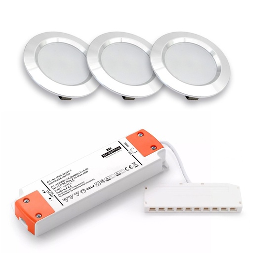 [20085-15288] LEDlife Reco68 møbelspot - Børstet stål, inkl. dæmpbar strømforsyning, 3 stk. - 2,5W LED, erstatter 25W, 12V input, 180lm, RA80