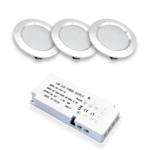 [20086-15290] LEDlife Reco68 møbelspot - Børstet stål, inkl. strømforsyning - Pakke med 3 stk.