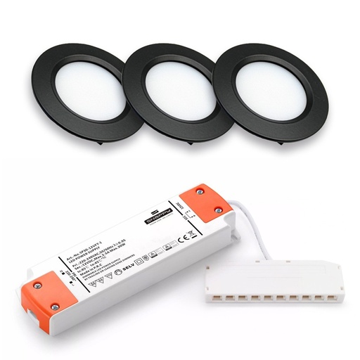 [20087-15292] LEDlife Reco68 Sort Møbelspot 3-pak m. Dæmpbar Strømforsyning - 2,5W, 12V, 180lm, RA80