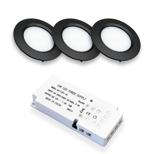 [20088-15295] LEDlife Reco68 møbelspot - Sort, inkl. strømforsyning (3 stk.), 2,5W, 12V, 180lm, RA80