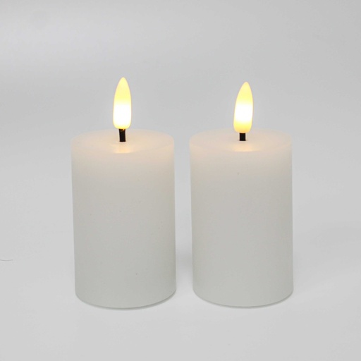 [22647-0] LED Bloklys med flammeeffekt, hvid - 2 stk, inkl. fjernbetjening og timer, 7,5 cm høj, Ø5 cm, ægte stearin