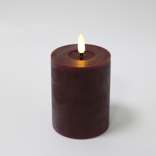 [22649-0] LED Bloklys 10cm høj med smelte-look og flammeeffekt - Ø7,5cm, fjernbetjening, ægte stearin, bordeauxrød