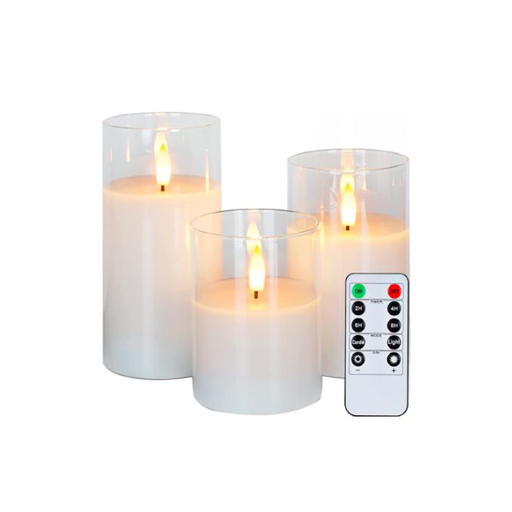 [22650-0] LED Bloklys sæt i glas med flammeeffekt, 3 stk - Inkl. fjernbetjening og timer, højde 10/12,5/15cm, ægte stearin