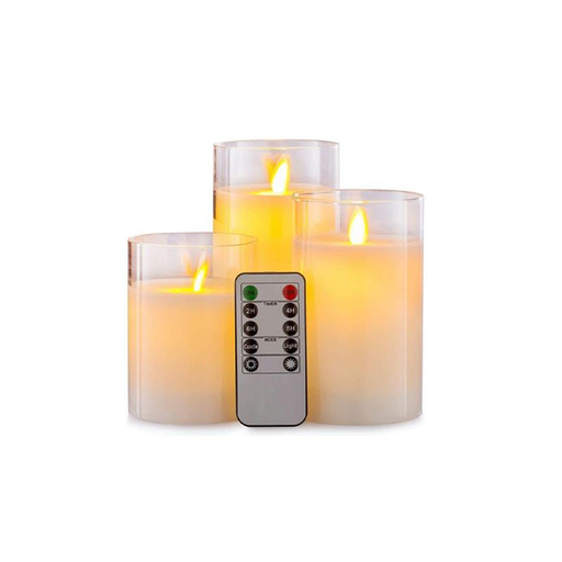 [22654-0] LED Bloklys sæt i glas med vippende flamme, 3 stk - Timer og fjernbetjening inkluderet - Ægte stearin - 10/12,5/15cm