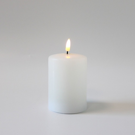 [22656-0] LED Bloklys med smeltet look og flammeeffekt, 10 cm høj, Ø7,5 cm, inkl. fjernbetjening og ægte stearin