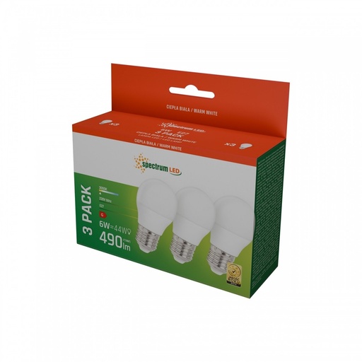 [23539-16484] G45 LED Kugle Pære 6W E27 - 230V, Varm Hvid, Spectrum, 3-pak. Ideel til belysning med 490lm og RA80. Energibesparende valg til dit hjem.