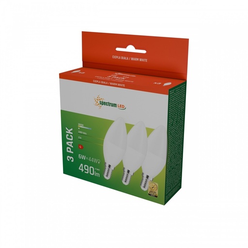 [23540-16485] 3-pak C37 LED pærer med E14 fatning, 6W, 230V, Varm Hvid lysfarve, Spectrum, 490lm, RA80
