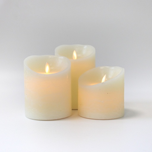 [22667-0] LED Bloklys med bevægelig flamme, hvid, Ø10cm, 3 stk, inkl. fjernbetjening og timer, ægte stearin