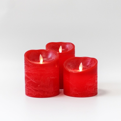 [22668-0] LED Bloklys med bevægelig flamme, rød, 3 stk, Ø10cm, inkl. fjernbetjening og timer, højde varierende fra 10cm til 15cm, ægte stearin