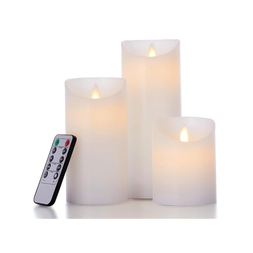 [22670-0] LED Bloklys med bevægelig flamme, hvid, 3 stk, Ø7,5cm, inkl. fjernbetjening og timer, 10/15/20cm høj, ægte stearin
