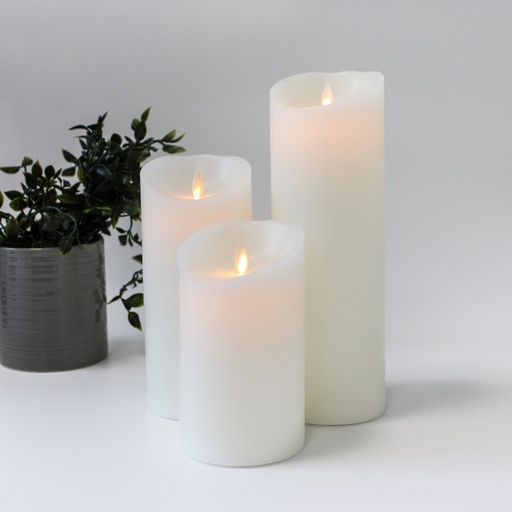[22697-0] LED Bloklys XL, 3 stk, Ø10cm, 17,5/22,5/30cm høj, bevægelig flamme, hvid - Inkl. fjernbetjening og timer, ægte stearin