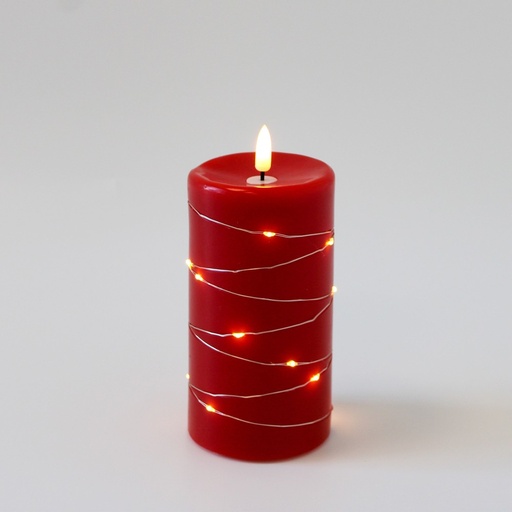 [22699-0] LED Bloklys med lyskæde og flammeeffekt, 15cm høj, rød stearin, fjernbetjening, autentisk udseende