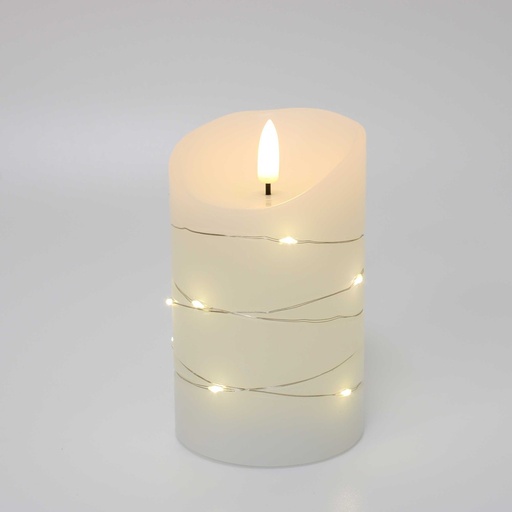 [22702-0] LED Bloklys med lyskæde, 12,5cm høj, flammeeffekt - Ø7,5cm, inkl. fjernbetjening, ægte stearin