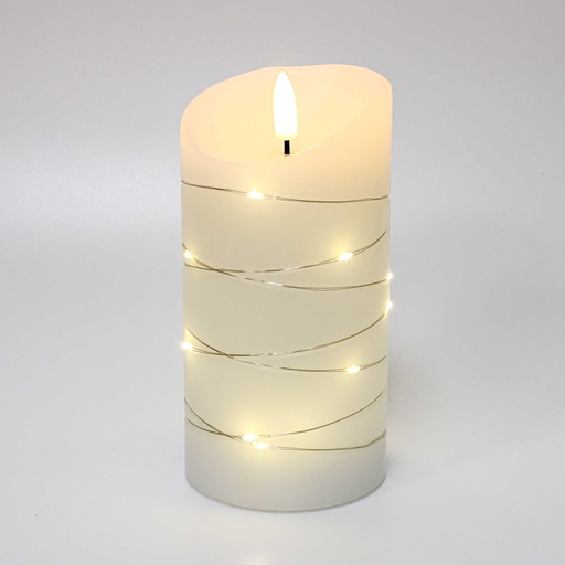 [22704-0] LED Bloklys med lyskæde og flammeeffekt, 15cm høj, inkl. fjernbetjening, ægte stearin, Ø7,5cm