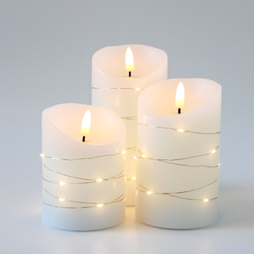 [22705-0] LED Bloklys sæt med lyskæde og flammeeffekt - Ø7,5cm, 10/12,5/15cm høj, fjernbetjening, timer, ægte stearin