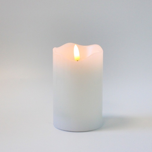 [22706-0] LED Bloklys med flammeeffekt, hvid, 12,5cm høj, Ø7,5cm, fjernbetjening, timer, ægte stearin