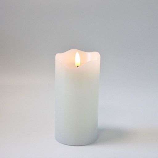 [22707-0] LED Bloklys med flammeeffekt, hvid, 15cm høj, Ø7,5cm, fjernbetjening, timer, ægte stearin