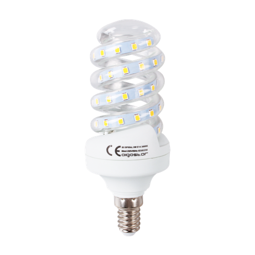 [13230-14054] LED B5 Spiral Pære, 9W, E14, 3000K, Erstatter 62W, 230V, 840lm, RA80, 3 års garanti