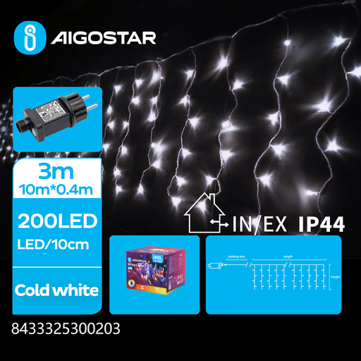 [23930-0] 3m LED kold hvid istap lyskæde - 200 LED, 50 rækker, timer, 8 lysspil, IP44, transparent ledning