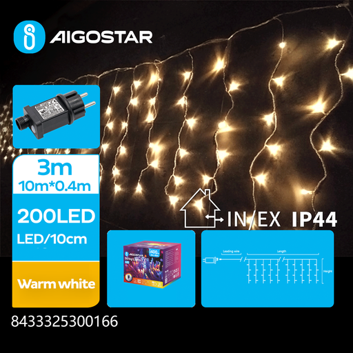 [23932-0] LED lyskæde med varm hvidt lys - 200 LED, 10x0,4m, 50 rækker, 8 lysspil, IP44, transparent ledning, 3,6W, 230V, 3 års garanti