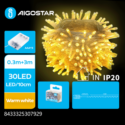 [23935-0] 3M batteridrevet varm hvid LED lyskæde med 30 LED, transparent ledning - IP20