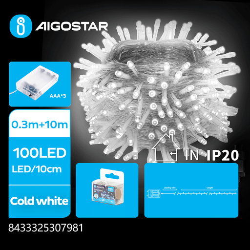 [23936-0] 10m batteridrevet kold hvid LED lyskæde med 100 LED og transparent ledning