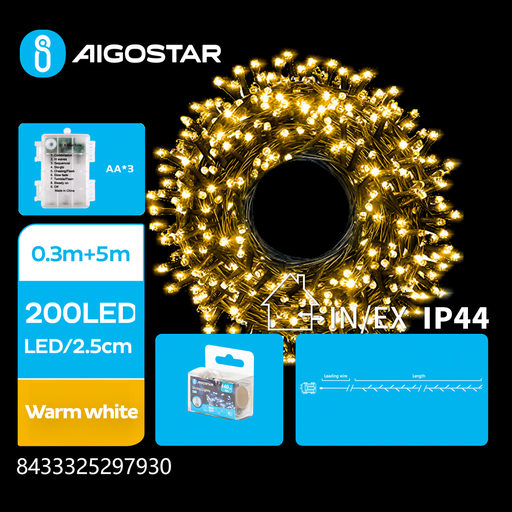 [23945-0] 5m varm hvid batteri LED lyskæde - 200 LED, 8 lysspil, IP44, grøn/sort ledning