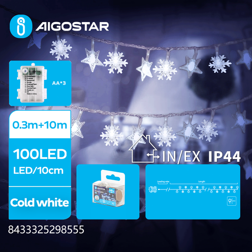 [23946-0] 10m Kold Hvid Batteri Stjerne & Snefnug Lyskæde - 100 LED, 8 Lysspil, IP44, Transparent Ledning