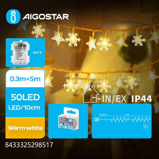 [23947-0] Varm hvid batteri stjerne & snefnug lyskæde - 50 LED, 8 lysspil, IP44, transparent ledning