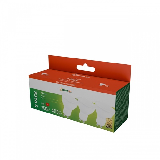 [23975-16555] LED GU10 6W - 230V, varm hvid, mælket dækstel, hvid plast, Spectrum, 3-pak - 400lm - RA80