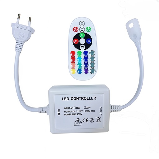 [24061-0] RGB 16x16 Neon flex kontroller med fjernbetjening - Inkl. endeprop, 230V, memory funktion, Radiostyret, maks. 50 m.